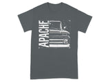 T-shirt with distressed graphic of "APACHE" text and vintage truck grille.
