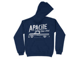 Navy hoodie with white Apache truck graphic and 1960-1966 text.