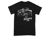Black t-shirt with white graphic of lifted pickup truck and text "Squarebody Life".