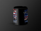 Black mug with American flag and car graphic, text reads "ODY" and "ICAN END"