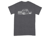 Dark gray t-shirt featuring a white outline drawing of a lowered classic pickup truck.