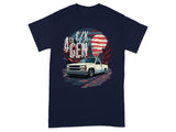 White pickup truck with "4th C/K GEN" text against patriotic circular backdrop.