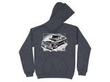 Dark gray hoodie with a black and white graphic of a lowered pickup truck.