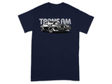 Black and white graphic of a Trans Am car with text above.