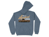 Blue hoodie with graphic of brown dropped pickup truck and text "Keep Longbeds Long".