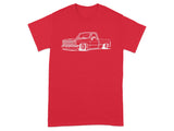 Red t-shirt with a white outline of a lowered classic pickup truck.