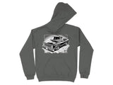 Black and white graphic of a lowered classic pickup truck on a paved surface.
