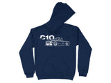 Navy hoodie with white C10 truck graphic and text.