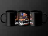 Three black mugs featuring an orange truck, American flag, and city skyline design.
