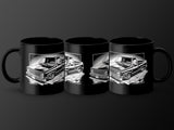 Three black mugs displaying white ink drawings of classic pickup trucks.