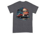 Red pickup truck with "C/K TRUCKS" text and American flag behind it.