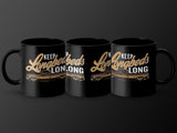 Three black mugs displaying "KEEP LONG ON LONG" text and a vintage pickup truck graphic.