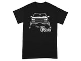 Black t-shirt with a white graphic of a lifted truck and the text OBSESSION.
