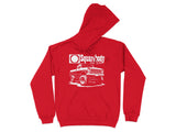 Red hoodie with white graphic of a lifted pickup truck and "Squarebody Nation" text.
