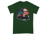 Red C/K trucks graphic with American flag and moon on a dark green t-shirt.
