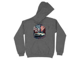 C/K 4th Gen truck graphic on a charcoal hoodie with American flag background.