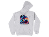 Gray hoodie with a neon blue and pink "Foxbody" car graphic.
