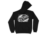 Black hoodie with a graphic of a lowered classic pickup truck.