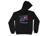 Black hoodie with "FOXBODY AN AMERICAN LEGEND" graphic and patriotic art.