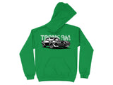 Green hoodie with a black and white graphic of a Trans Am car and the words "TRANS AM".