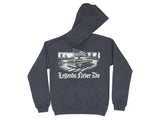 Dark charcoal hoodie with a graphic of a vintage truck and American flag, "Legends Never Die" text.