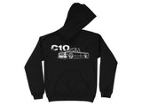 Black hoodie with white distressed "C10" text and a outlined lowered pickup truck graphic.