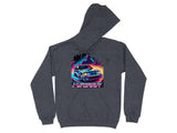 Dark gray hoodie with a retro "Foxbody" car graphic in neon colors.