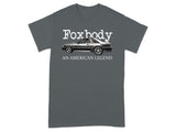 Gray t-shirt with Foxbody car graphic and text AN AMERICAN LEGEND.