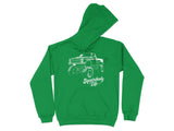 Green hoodie with white graphic of a lifted pickup truck and text "Squarebody Life".