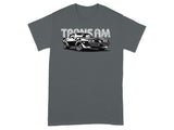 Black and white illustration of a 1970s Trans Am car with distressed "TRANS AM" text.