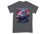"FOXBODY" text above a vibrant, retro car driving on a neon-lit road.
