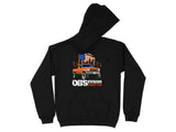 Black hoodie with orange truck, American flag, and city skyline graphic.