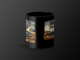 Black mug with "OLD BODY STYLE" text, vintage trucks, barn, American flag, and wheat field imagery.