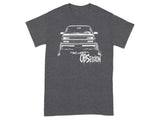White graphic of lifted pickup truck with "OBSESSION" text on a charcoal t-shirt.