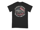 Black t-shirt with circle graphic featuring Powerstroke Turbo Diesel truck and American flag.