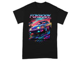 Black t-shirt with neon "Foxbody" text and a retro car on a colorful background.