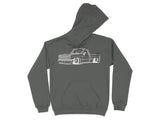Dark grey hoodie with white outline graphic of a lowered pickup truck.