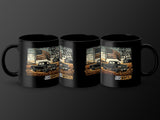 Black mugs feature repeating graphic of truck, American flag, and text "Old Body Style Obsession".