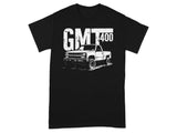 Black t-shirt with white graphic of a classic pickup truck and "GMT400" text