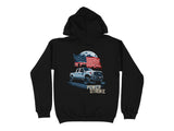 Black hoodie with a silver truck, American flag, moon, and "POWER STROKE" text.