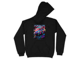 Black hoodie with a vibrant "Foxbody" car graphic in a retro style.