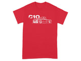 Red t-shirt with white outline graphic of a C10 truck and text.