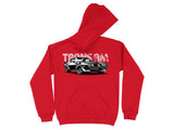Red hoodie with black and white graphic of a Trans Am car and text.