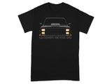Black t-shirt with headlights and text "LEGENDS NEVER DIE" artwork.