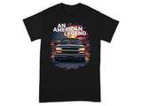 Black t-shirt with "An American Legend" text above a vintage truck and American flag.