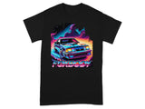Black t-shirt with neo-retro graphic featuring a blue Foxbody car and the word "FOXBODY".