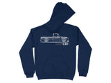 Navy hoodie with a white outline of a lowered classic pickup truck and "PERFEC10N" text.