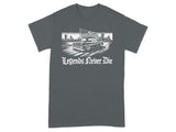 T-shirt graphic with a lowered pickup truck, American flag, and city skyline.