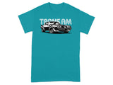 Teal t-shirt with black and white graphic of a Trans Am car and text.
