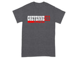 Charcoal t-shirt with white "CHEYENNE 10" text inside a red rectangle and "SUPER" below.